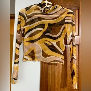 Retro swirl Multicolor Sheer mock neck Women's Top M Medium